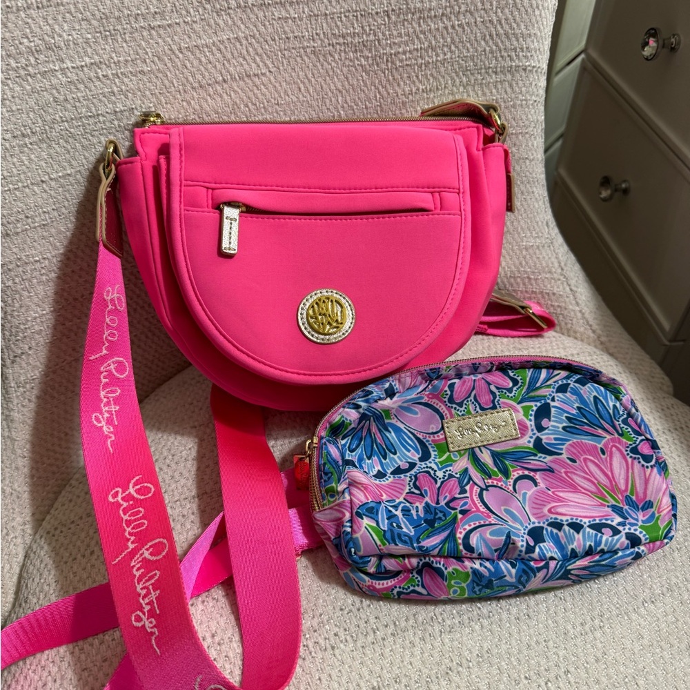 Lilly Pulitzer Neon Pink Crossbody with Floral Zip Belt Bag
